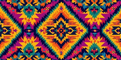 A repeating pattern of traditional Hispanic geometric designs in bright, bold colors.