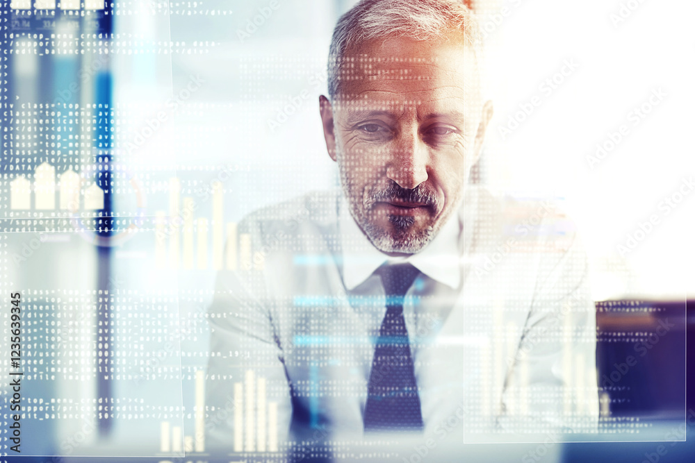 Aufkleber Business man, code and hologram with graphs, reading and programming with overlay for futuristic ui at office. Mature person, review and developer with digital transformation for ux at IT company