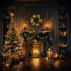 Obraz premium Chalet With Christmas Decoration. Living Room Interior With Christmas Tree, Ornaments, Gift Boxes, Armchair And Fireplace, Generative AI 
