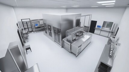 Top view of a cleanroom semiconductor production facility with automated precision equipment.