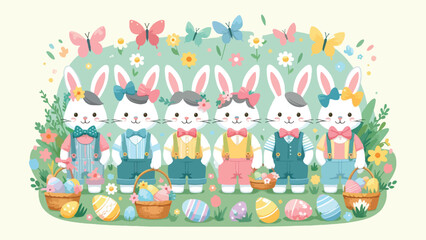 Easter Bunny Crew, A group of cheerful Easter bunnies wearing colorful vests and bow ties, holding baskets filled with painted eggs. They are surrounded by flowers, butterflies 
