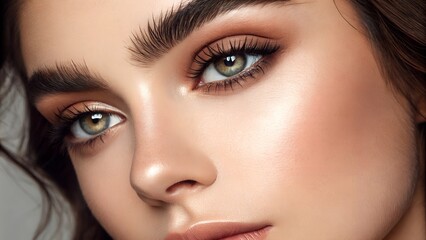 Fototapeta premium Close-Up Portrait of Young Woman's Beautiful Eye, Perfect Smooth Skin, Perfectly Shaped Eyebrow and Luscious Long Lashes. Beauty Products, Cosmetics, Make-Up. Advertisement of Eco Treatment, Skin Care