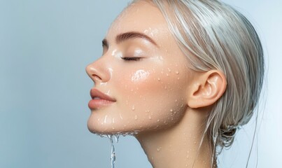 Naklejka premium Close up profile view of a young woman with platinum blonde hair, her face glistening with water droplets. Soft, natural light illuminates her serene