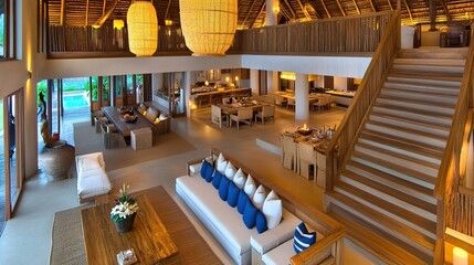Tropical villa's open-plan living, pool view, stairs, luxury