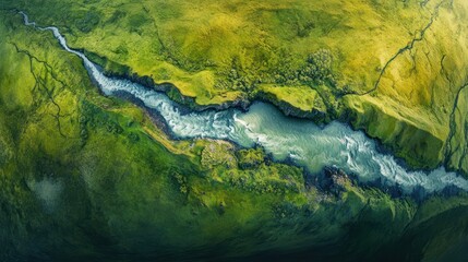 Aerial view of Icelandic river canyon, green landscape, travel