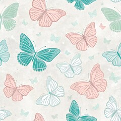 "Abstract butterfly silhouettes in various pastel shades scattered across a textured light background."
