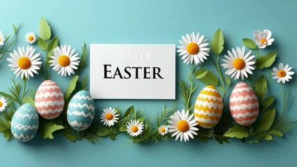Easter eggs and daisies on turquoise background with blank card Happy Easter