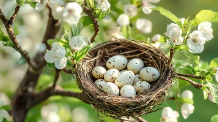 Fototapeta premium Nesting Birds with Eggs Among Blossoming Flowers in Spring Landscape