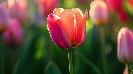 Fototapeta premium Beautiful Pink Tulip Blooms in a Colorful Flower Field at Sunrise