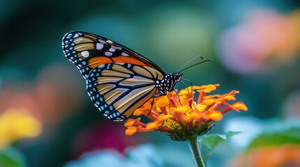 Obraz premium Vibrant Monarch Butterfly Resting on Bright Flower Petals in Nature