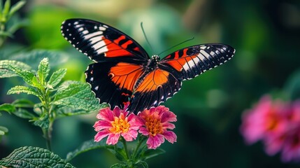 Fototapeta premium Vibrant Butterfly on Colorful Flower in Lush Green Environment