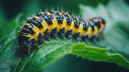 Fototapeta premium Colorful Caterpillar Crawling on Green Leaf in Natural Habitat