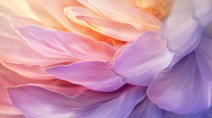A macro shot of a radiant lotus flower, featuring gracefully layered petals transitioning from rich magenta to a soft lavender tone, a golden-yellow core