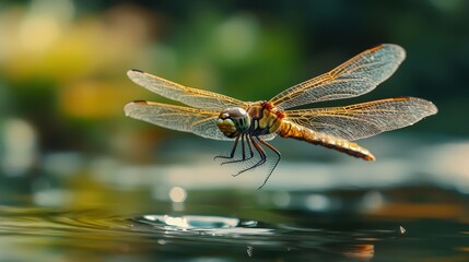 Colorful dragonfly hovering above still water with blurred background