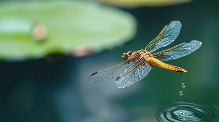 Vibrant Dragonfly in Flight Over Calm Water and Lily Pads