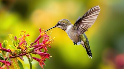Fototapeta premium Hummingbird Feeding on Colorful Flowers in a Lush Garden Setting