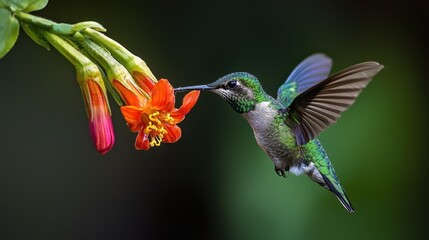 Vibrant Hummingbird Approaching Bright Red Tropical Flower