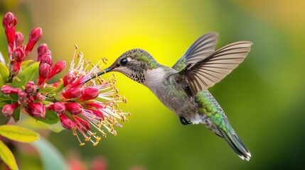 Fototapeta premium Hummingbird Feeding on Bright Pink Flower in Soft Natural Light