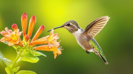 Naklejka premium Colorful Hummingbird Feeding on Vibrant Floral Blossom in Nature