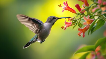 Fototapeta premium Hummingbird Feeding on Colorful Blossoms in Nature's Garden