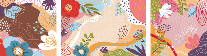 Obraz premium Set of unique fashionable colorful colorful backgrounds in neutral warm tones.Abstract floral pattern with flowers, leaves. 