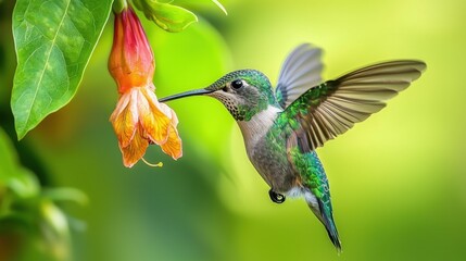 Fototapeta premium Hummingbird Feeding on Vibrant Flower in Lush Green Environment