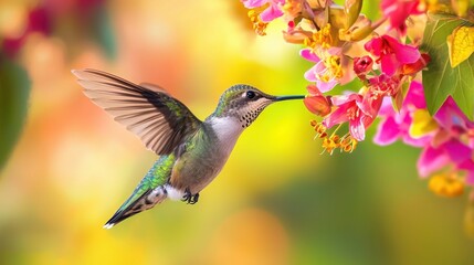 Fototapeta premium Vibrant Hummingbird Hovering Near Colorful Blossoms in Nature
