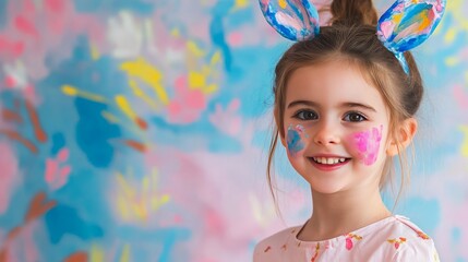 A cheerful girl wearing bunny ears and face paint, posing against a vibrant and colorful abstract background. Concept of joy and creativity