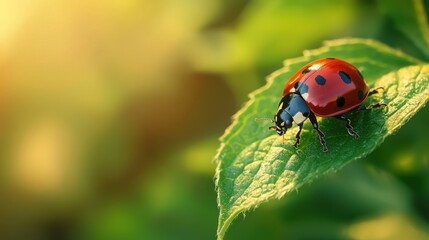 Vibrant Ladybug Resting on Green Leaf in Soft Natural Light
