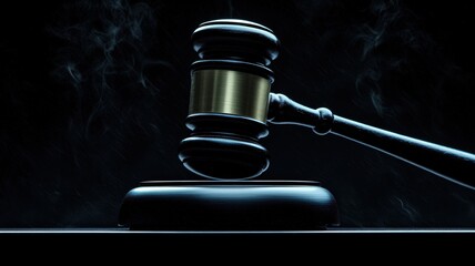 Obraz premium Gavel on Reflective Surface with Dark Background and Smoke Effects