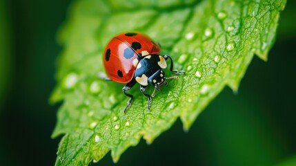 Close-Up View of a Ladybug on a Dewy Green Leaf in Nature