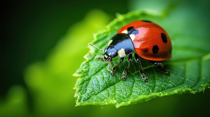 Bright Ladybug on Green Leaf in Fresh Nature Environment