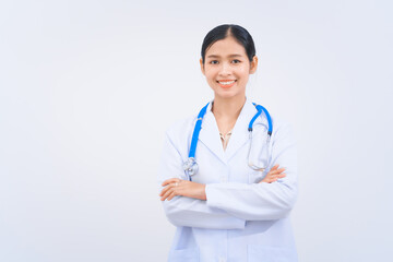 Fototapeta premium A young Asian female nutritionist and doctor, smiling happily while wearing a stethoscope and a white lab coat. Isolated on a white background, nutrition, and personalized health management.