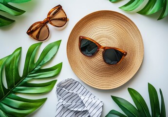 Summer fashion flatlay featuring sunglasses, a striped shirt, and tropical leaves arranged on a light background. The scene is bright and evokes a