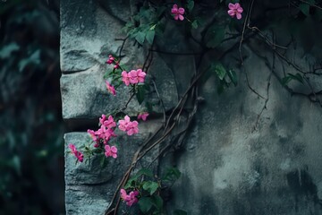 A delicate pink flower vine crawling along a stone wall surrounded by ivy.