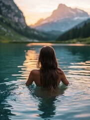 Fototapeta premium Tranquil swimming experience at mountain lake nature photography serene environment peaceful viewpoint