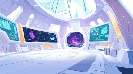Futuristic control room with holographic displays and advanced technology in a sci-fi setting