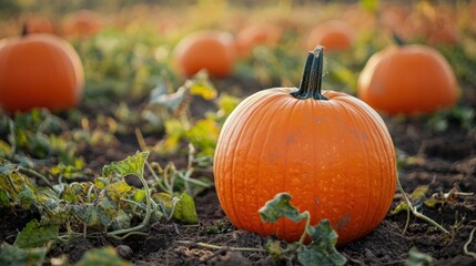 Vibrant Orange Pumpkin Among Green Vines in Autumn Field Landscape