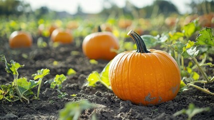 Obraz premium Vibrant Orange Pumpkins Growing in a Lush Pumpkin Patch Field