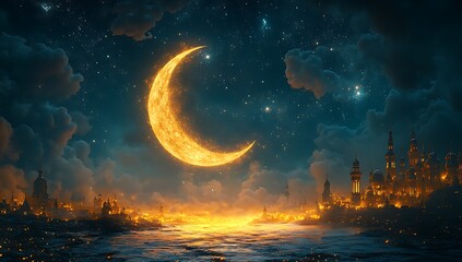 Crescent moon illuminating fantasy cityscape by the sea at night

