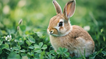 Cute Brown Rabbit Sitting on Green Grass with Clover Flowers