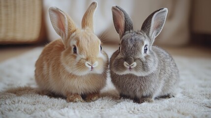 Obraz premium Playful rabbits in a cozy indoor setting cute animal companions on soft carpet whimsical mood