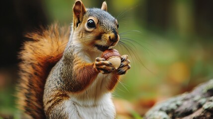 Obraz premium Squirrel Holding Acorn in Forest During Autumn Season