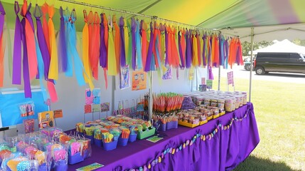 Colorful candy booth with vibrant hanging ribbons at outdoor event.