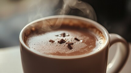 Aerial View of Hot Coffee with Steam and Cocoa Powder in Cup