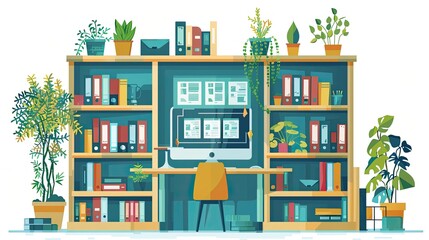 flat design, illustration, The Virtual Campus Students navigate online learning. Illustration: Virtual classrooms, interactive dashboards