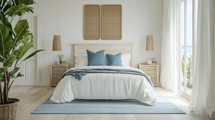 Fototapeta premium Cozy Minimalist Bedroom with Natural Elements and Beach View
