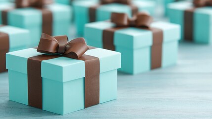 Elegant Teal Gift Boxes with Brown Ribbon Bows on a Light Blue Wooden Surface