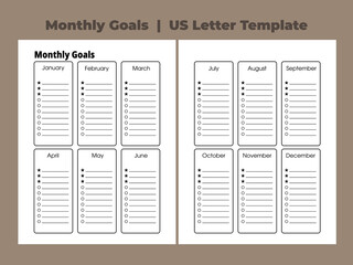 Clean and minimalist monthly goal planning template featuring 12 monthly sections with bullet point spaces, perfect for year-round goal tracking and personal development.