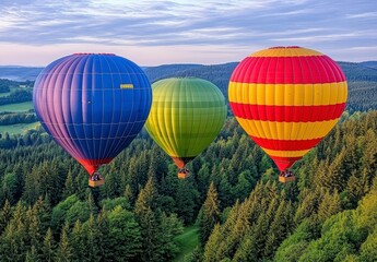 Obraz premium Three hot air balloons, blue, green and red yellow striped, soar over a lush green forest landscape under a partly cloudy sky. The balloons are